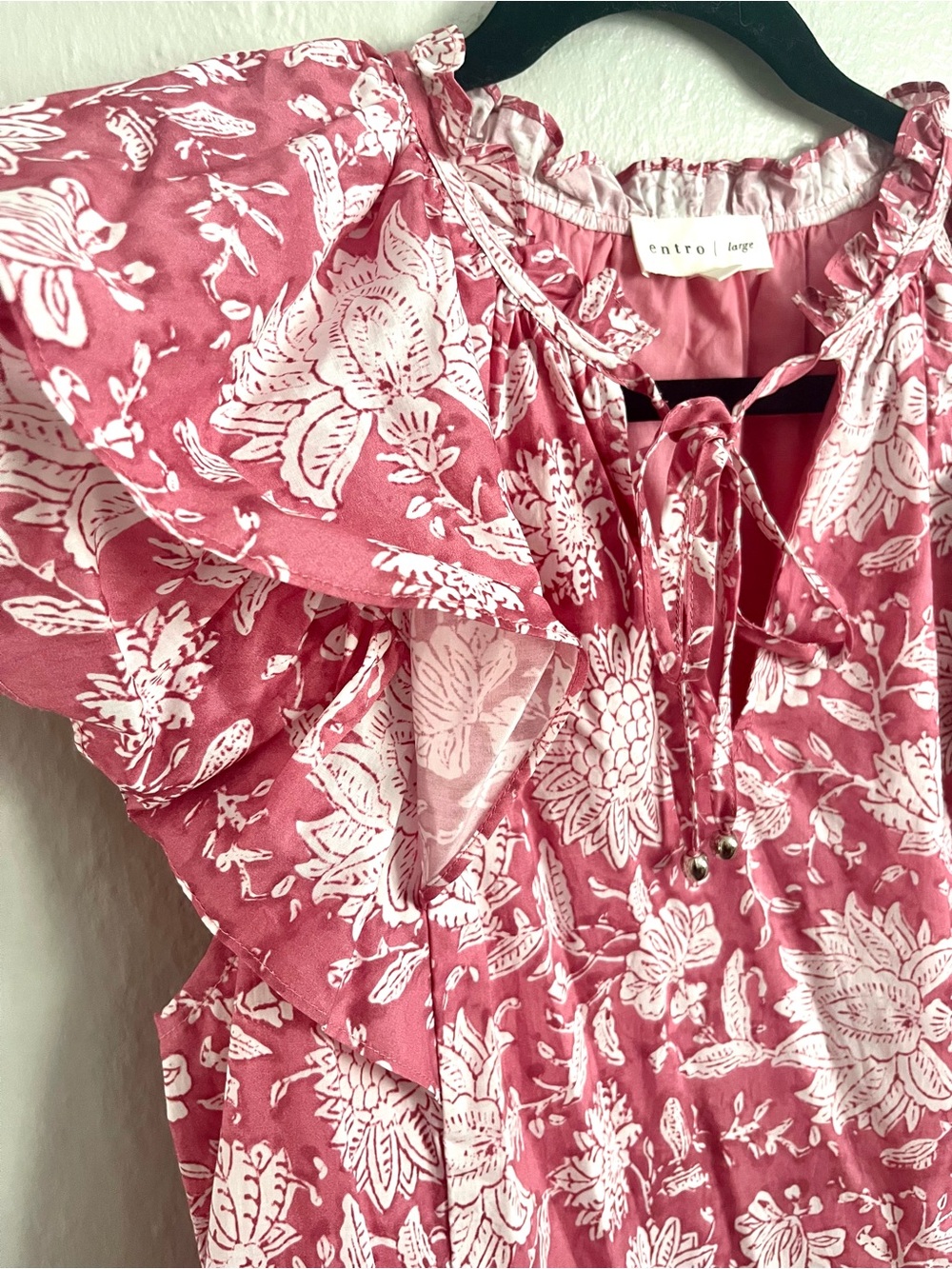 Entro Ruffle Sleeve Tiered Floral Pink Mini Dress with Pockets size Large - Picture 6 of 9